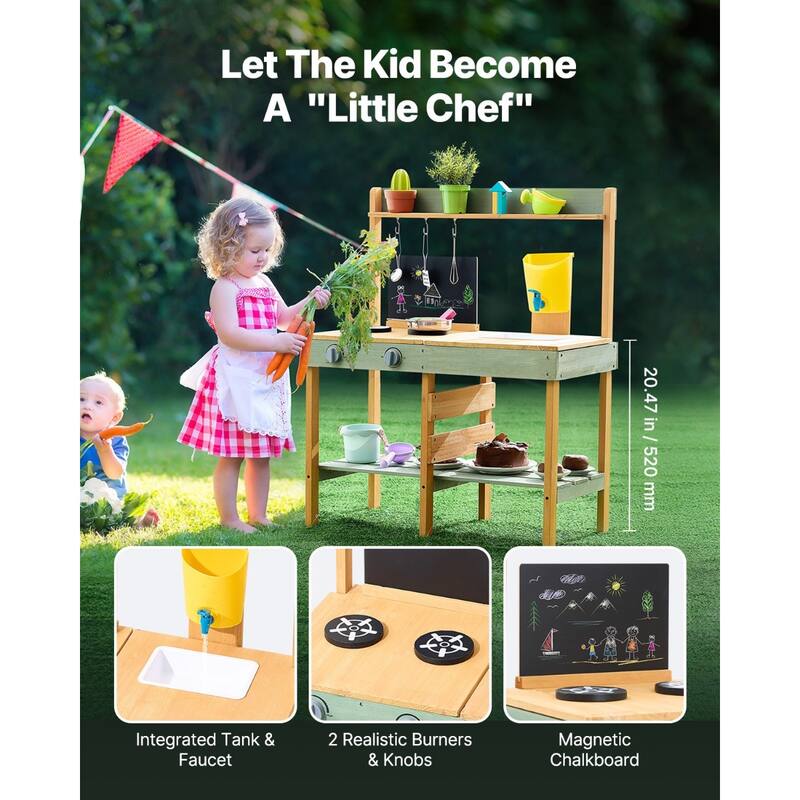 Natural-Green Cedar Wood Outdoor Mud Kitchen Playset for Kids - 15.4” D x 30” W x 36” H