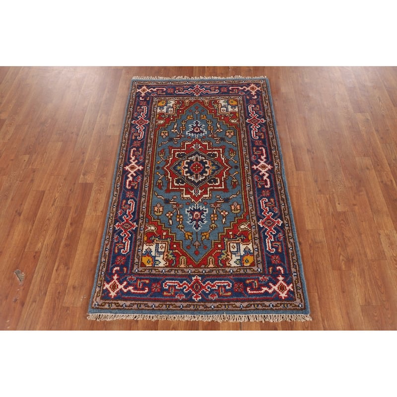 Blue Geometric Heriz Serapi Oriental Foyer Rug Handmade Wool Carpet - 3'0"x 5'0"