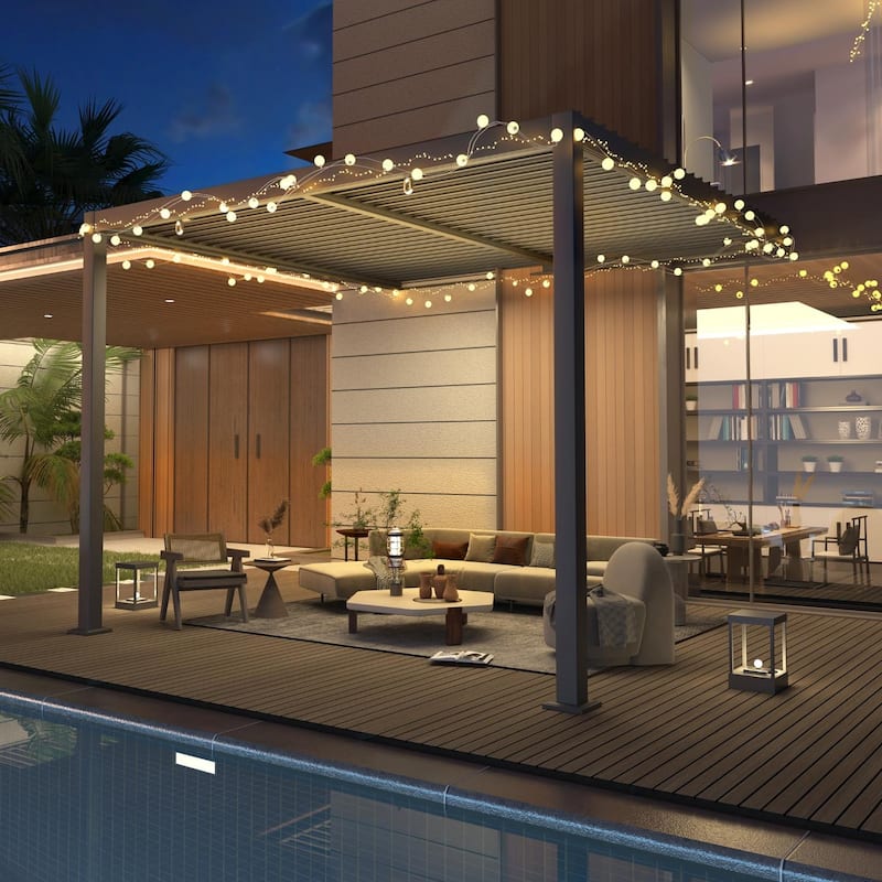 EROMMY Outdoor Louvered Pergola Gazebo with Adjustable Aluminum Rainproof Roof and Pull-Down Screen