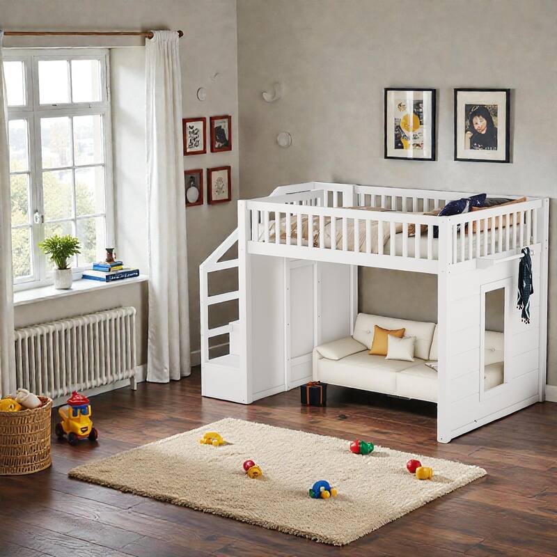 Loft Bed with Movable Desk, Storage Stairs & Shelves, Solid Wood Twin/Full High Loft Bed with Study Area & Safety Guardrails