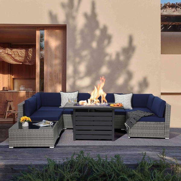 Manteo Rustic Coastal Outdoor Patio Sofa Set with Fire Pit Table - On ...