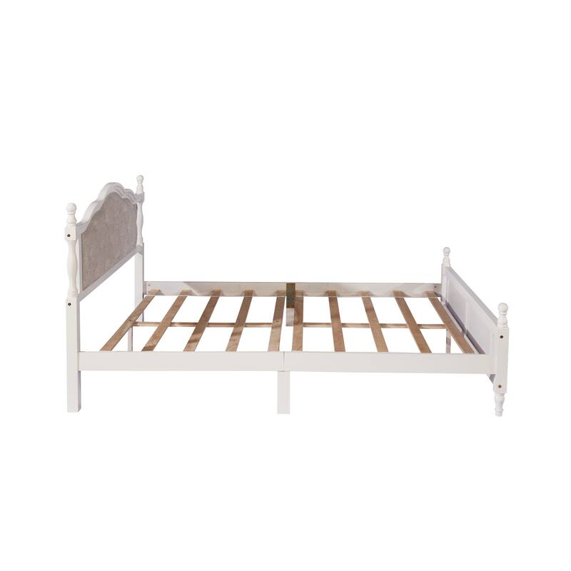 Classic Platform Bed Wooden Frame Queen Size Bed with Upholstered Tufted Headboard, Panel Footboard and Central Support Feet