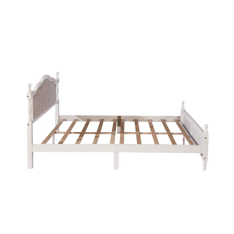 Queen Pine Wood Bed with Upholstered Headboard, Panel Footboard, Hidden Storage, and Central Support Feet