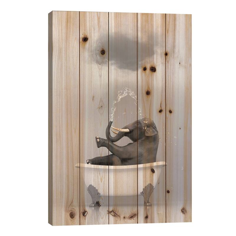 Elephant Relaxing In The Bath 3 Print On Wood by Mike Kiev - Multi-Color - 26x18x1.5