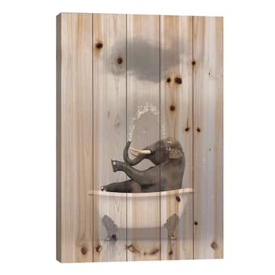 Elephant Relaxing In The Bath 3 Print On Wood by Mike Kiev - Multi-Color