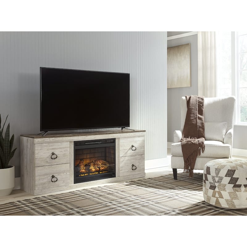 Signature Design by Ashley Willowton Whitewash 60" TV Stand for TVs up to 69" with Electric Fireplace - 60"W x 15"D x 24.5"H - 60"W x 15"D x 24.5"H - Whitewash