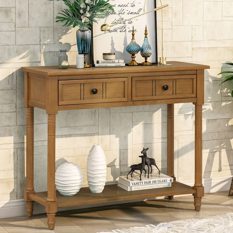 Narrow Console Table, Traditional Pine Wood Design with 2 Drawers and Bottom Shelf for Living Spaces