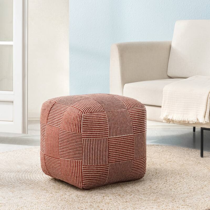 Jani 20-inch Ottoman Pouf - Handcrafted Handmade Ottoman for Seating, Footrest, Home Decor for Living Room, Bedroom - Ivory/Teak