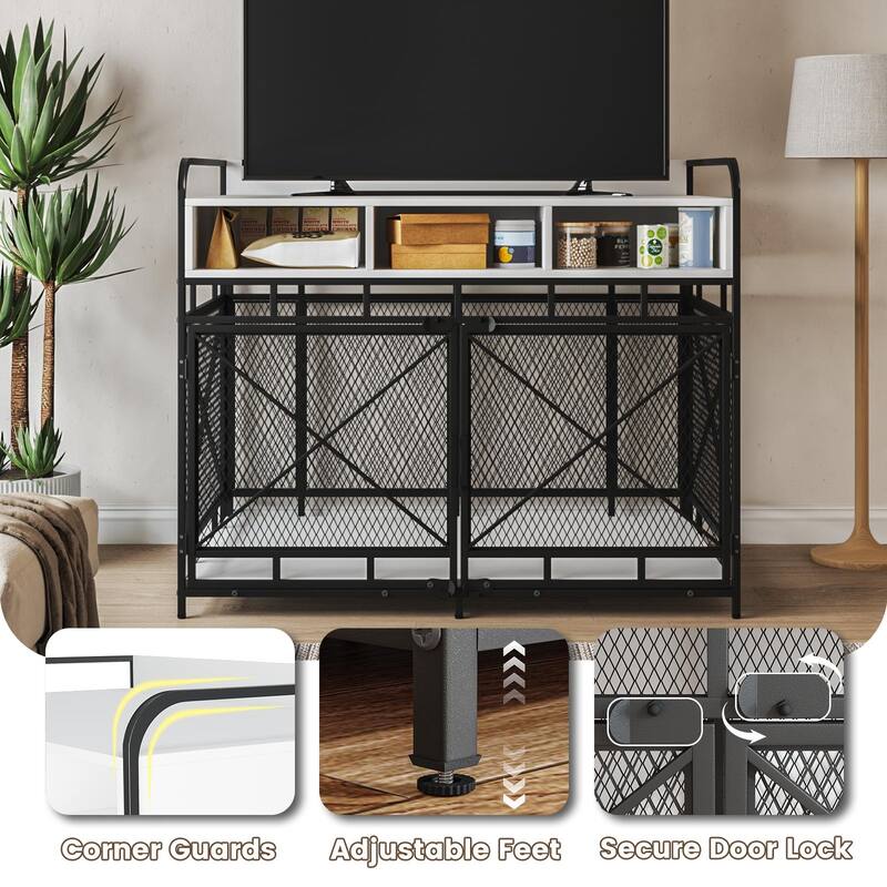 BOSSIN Large Dog Crate Furniture,Wooden Dog Kennel Table with Storage Drawers, Heavy Duty Metal Mesh,Decorative Pet House Indoor