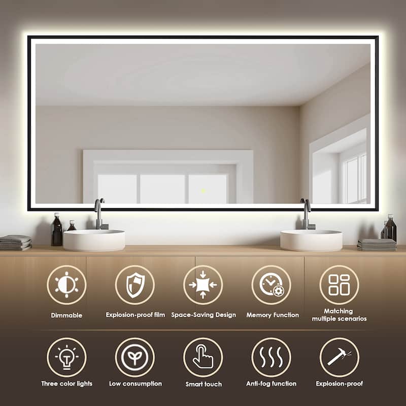 Apollo Rectangular Anti-Fog Dimmable Modern Bathroom/Vanity LED Lighted Wall Mirror in Matte Black Aluminum Framed