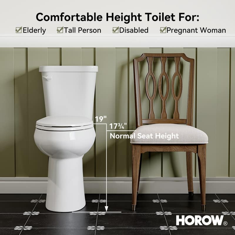 HOROW 19 Inch ADA Tall 2 Piece Dual Flush Elongated Toilet White 1.1 /1.6 GPF Strong Flush Soft Close Seat - 19 Inch