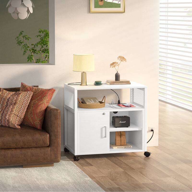 Rolling File Cabinet Lateral Office Filing Cabinets with Charging Station,Modern Printer Stand on Wheels