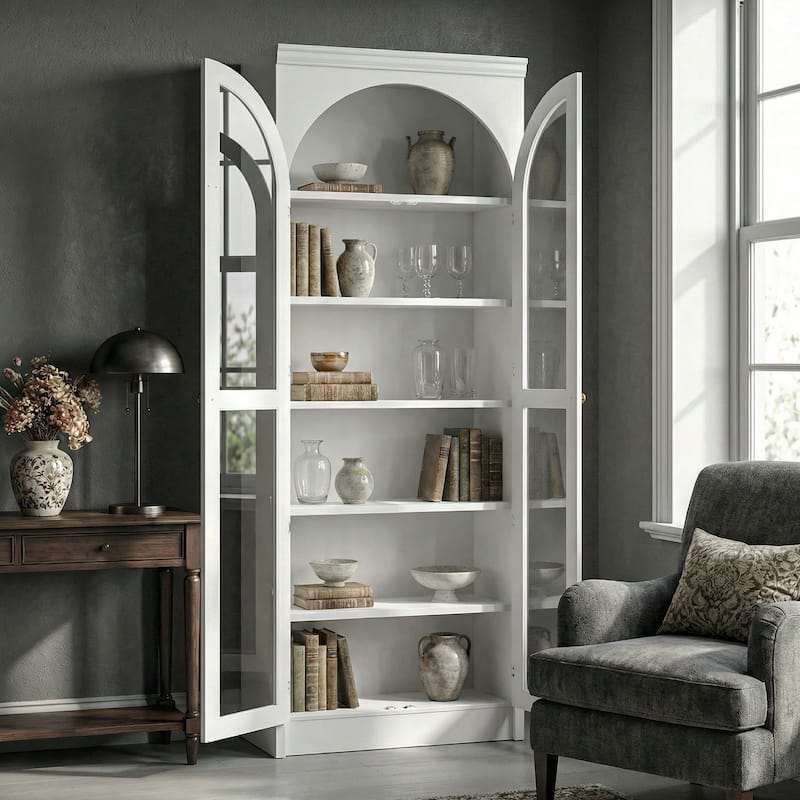 Modular White Bookcase with LED Lights & Glass Doors, 86.6" Tall Arched Display Cabinet Solid WoodStorage Cabinet