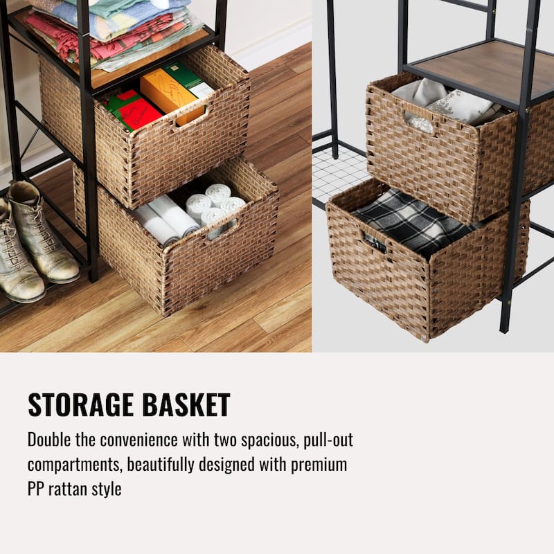 Acacia Wood Garment Rack: 2 Wicker Drawers, 4 Hooks, Shelves - Heavy Duty Freestanding Closet Organizer