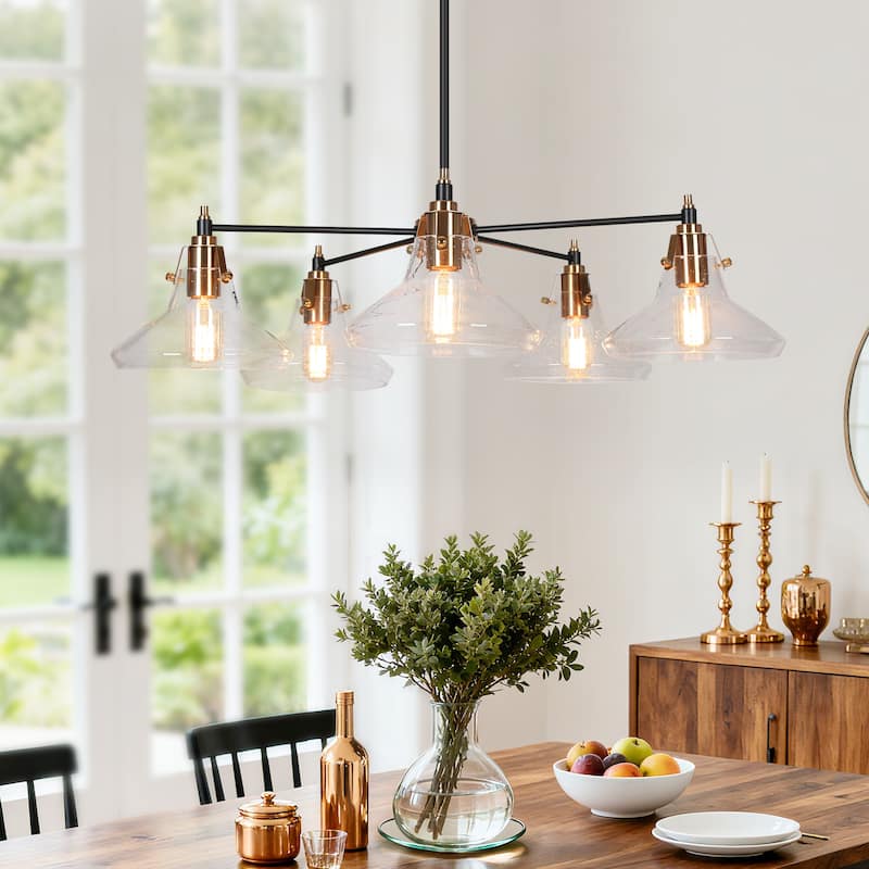 Branley Modern Farmhouse 5-Light Wheel Glass Dining Room Chandelier - 33.5"W x 33.5"D x 12" - 71.5"H