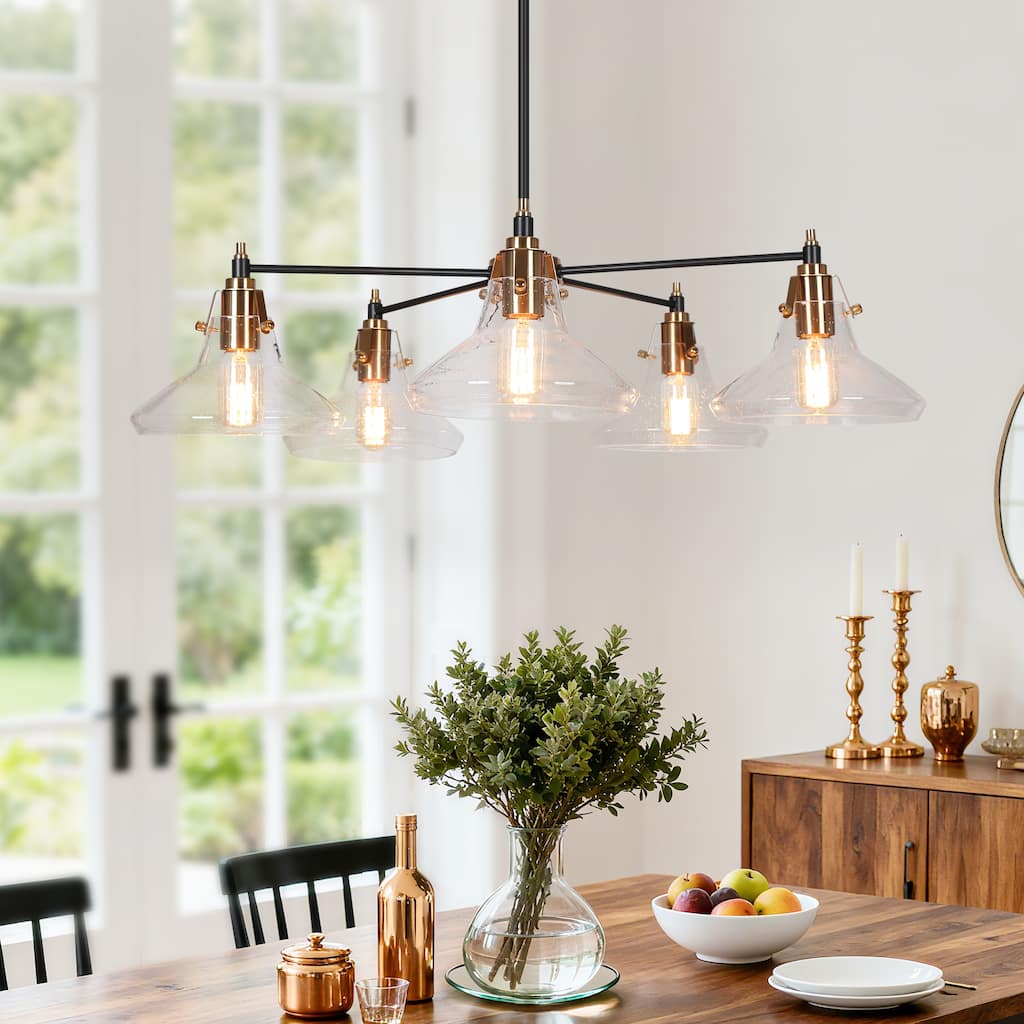 Branley Modern Farmhouse 5-Light Wheel Glass Dining Room Chandelier - 33.5"W x 33.5"D x 12" - 71.5"H