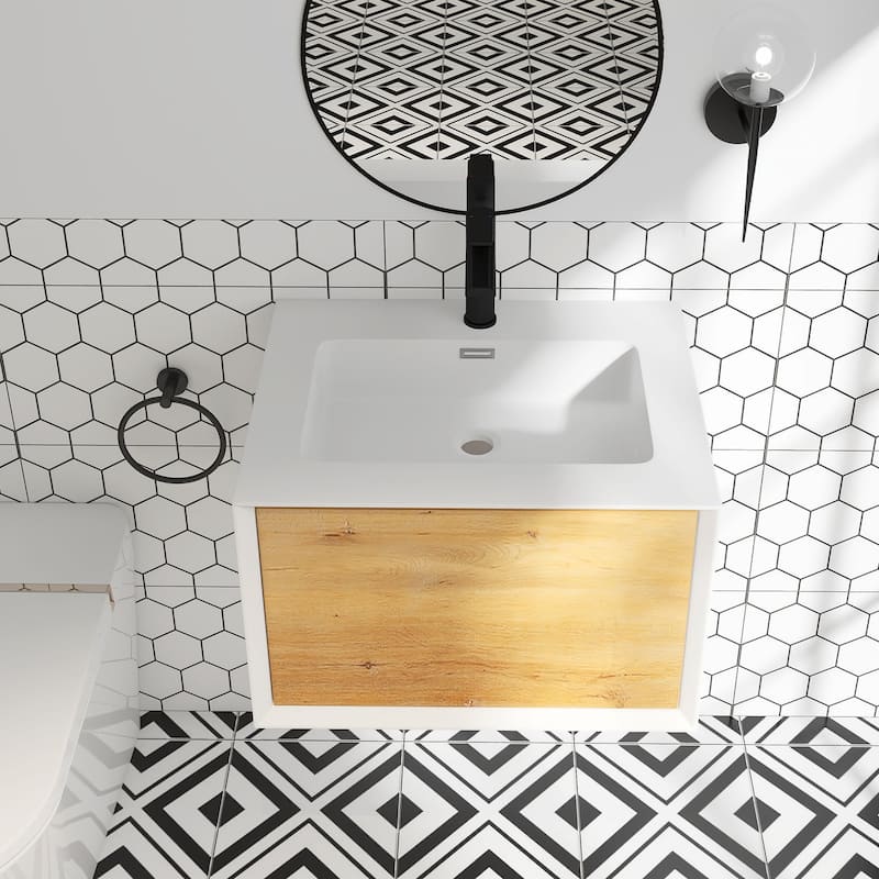Wall-Mounted 1-drawer Bathroom Vanity Set in White and Oak with Integrated Solid Surface Sink