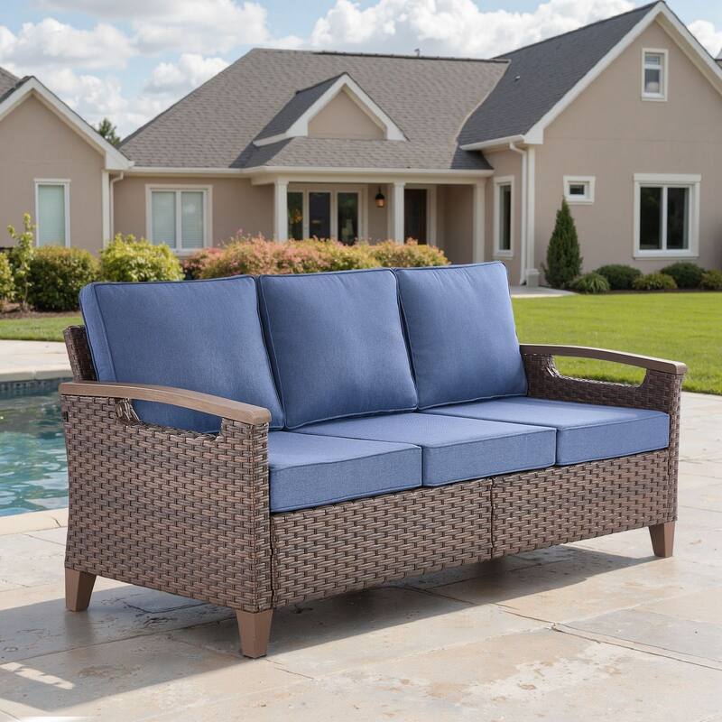 Pocassy Outdoor Patio Sofa Chair Ottoman Table Furniture Set - Blue Cushion - 3-Seat Sofa