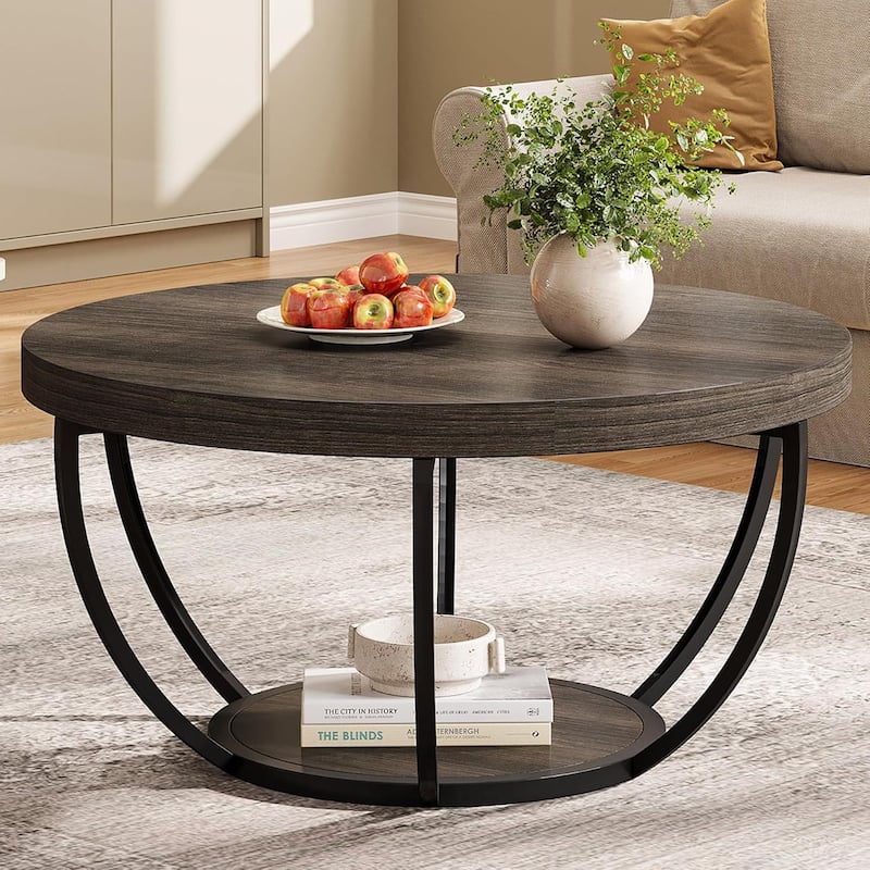 Round Coffee Table, 31.7" Wooden 2-Tier Circle Coffee Table with Storage Shelves, Accent Cocktail Table Center Table - Grey