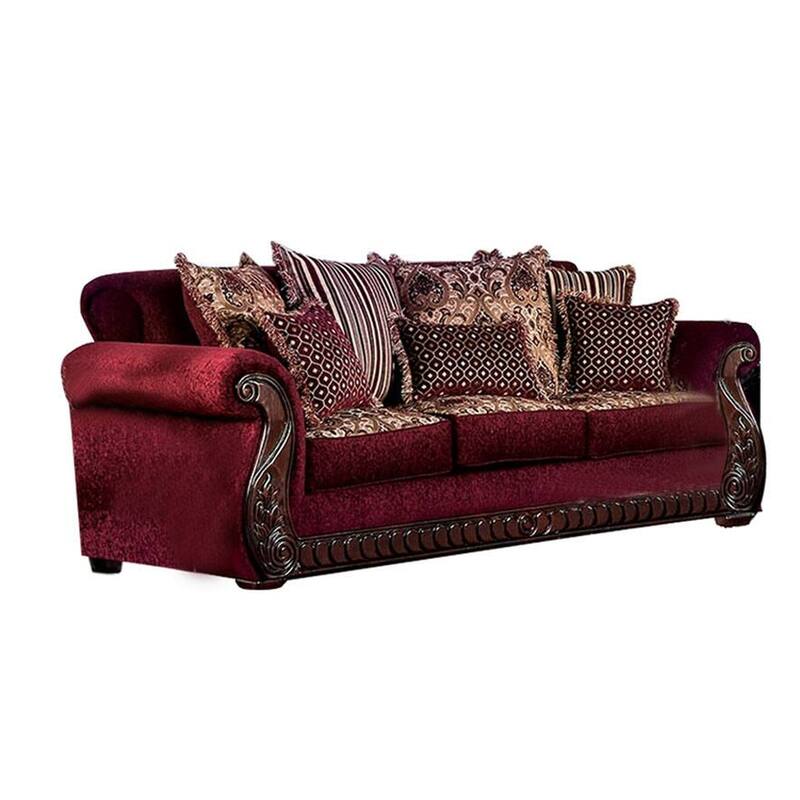 Nadira 2pc Sofa Loveseat Set, Wine Red Faux Leather, Gold, 5 Pillows