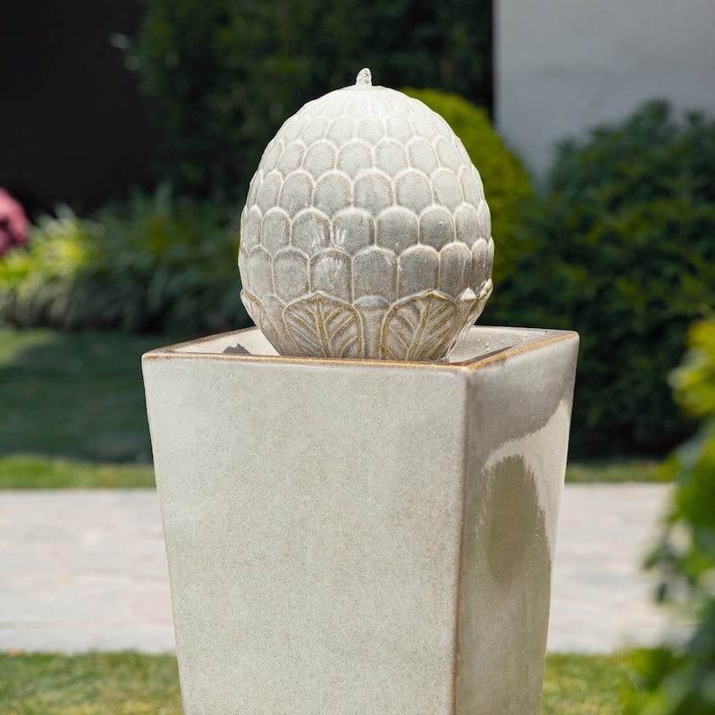 36"H Oversized Artichoke Pedestal LED Ceramic Fountain by Glitzhome