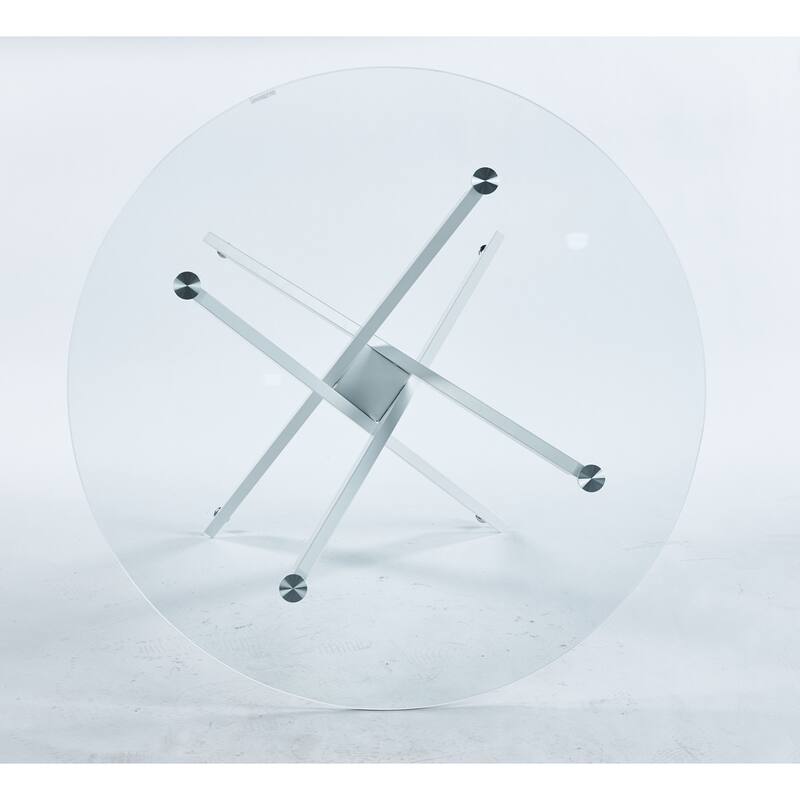 Modern Round Glass Dining Table for 2 to 4 Person, Circle Kitchen Table with Tempered Glass Top and Cross Metal Legs - White