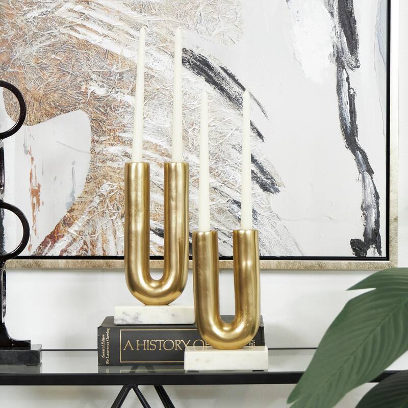 Gold or Black Aluminum U-Shaped Geometric Candle Holder with Marble Bases (Set of 2) - Gold