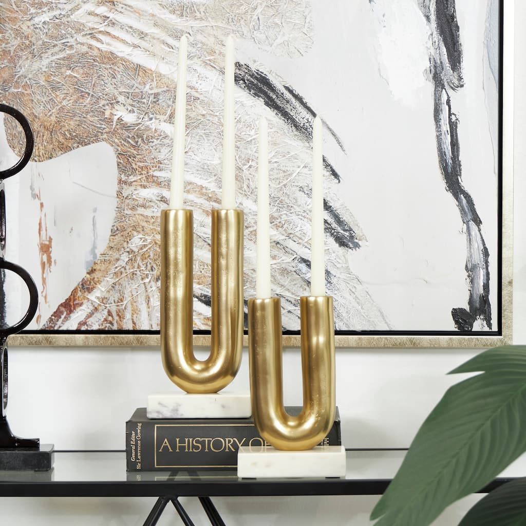 Gold or Black Aluminum U-Shaped Geometric Candle Holder with Marble Bases (Set of 2)