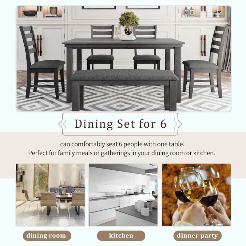 Rustic Wood Dining Set with Table, Chairs, and Bench - Set of 6