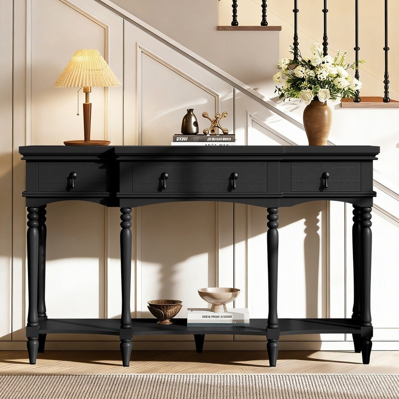 Mid-Century Modern 58" Console Table with Drawers and Shelf