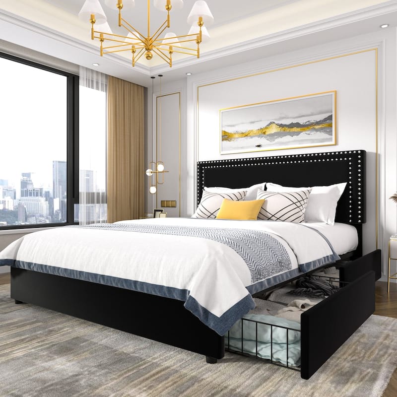 VECELO Upholstered Storage Bed Frames with 4 Storage Drawers, Platform Bed Frame with Adjustable Velvet Rivets Headboard - Black - Full