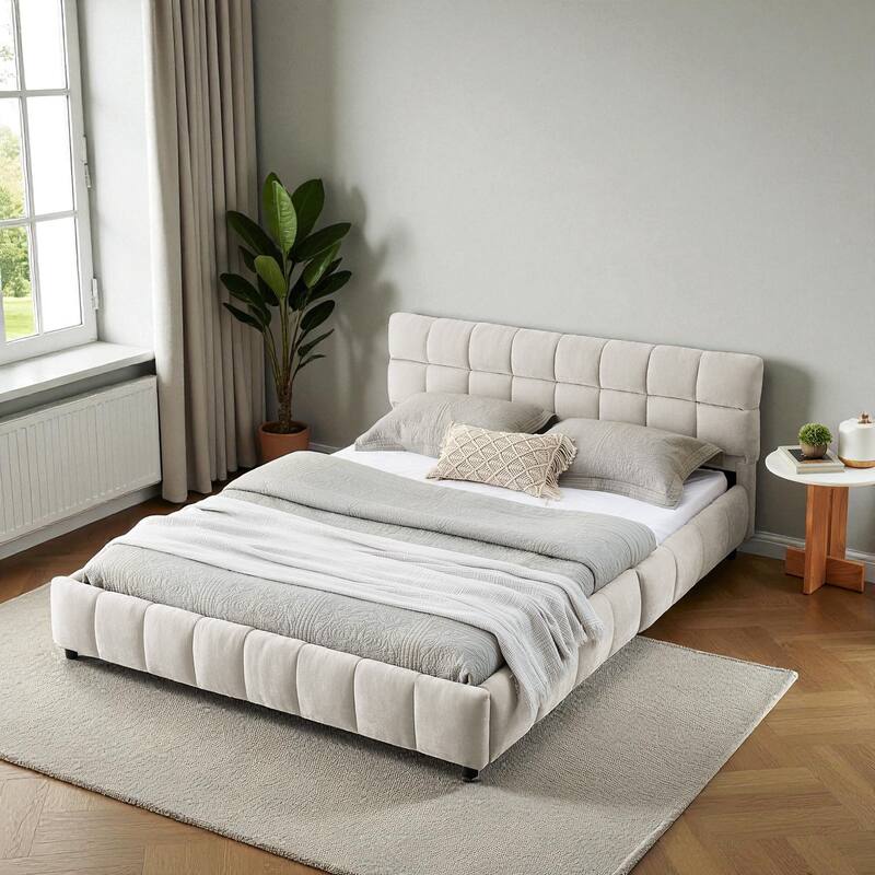 Queen Upholstered Platform Bed with Chenille Fabric, Soft Headboard & Underbed Storage Drawer, Solid Bed Frame