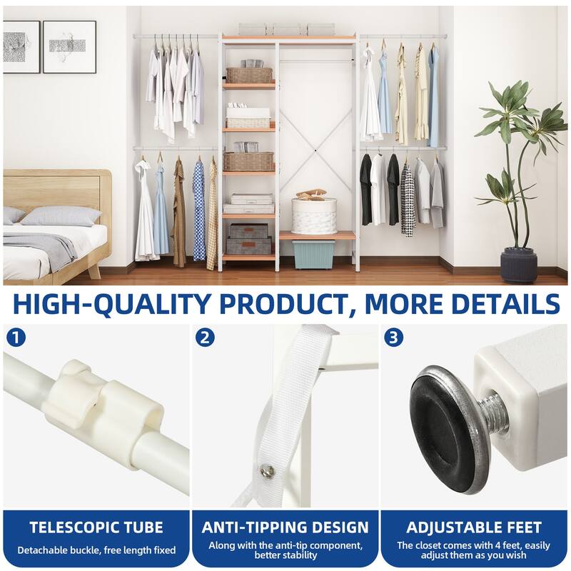 Moasis 86.6" - 118"W Adjustable Heavy Duty Garment Rack Closet Organizer System With 4 Expandable Hanger Rods
