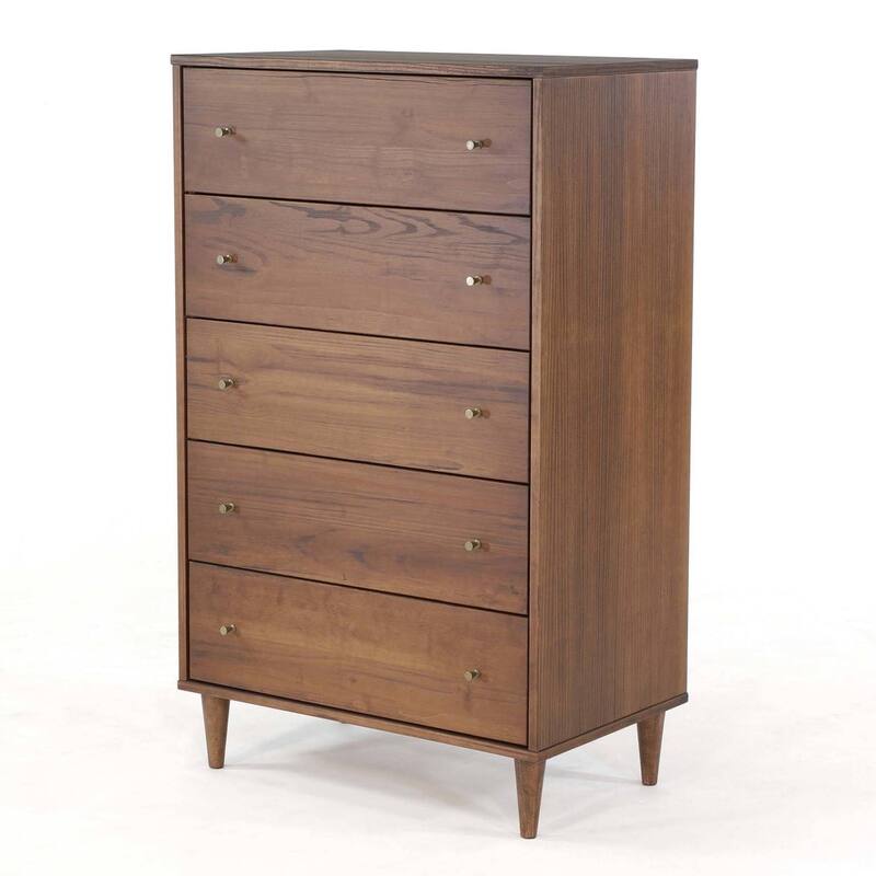 Farmhouse Rustic Mid Century 5 Drawer Chest - Walnut