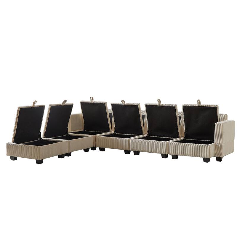 Beige 6-Piece Convertible Corduroy Modular Sectional Sofa with Storage & Ottomans