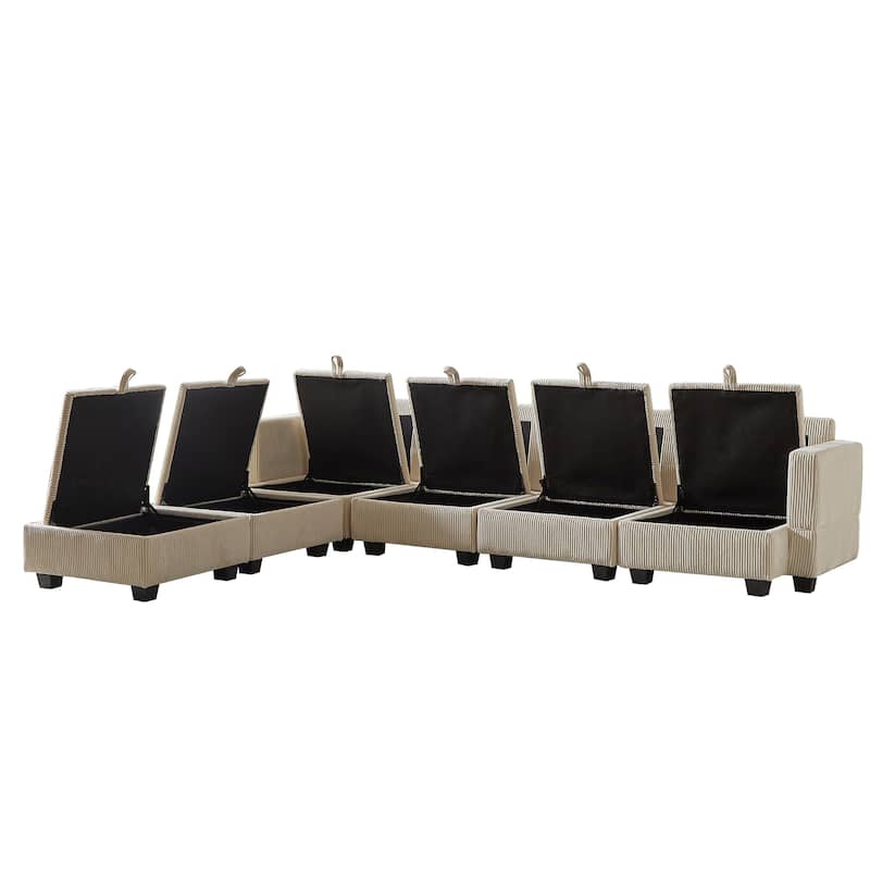 Roomfitters 113.5" Modular Corduroy U-Shaped Sectional Sofa, 6-Seater Convertible Couch with Chaise and Storage Ottoman