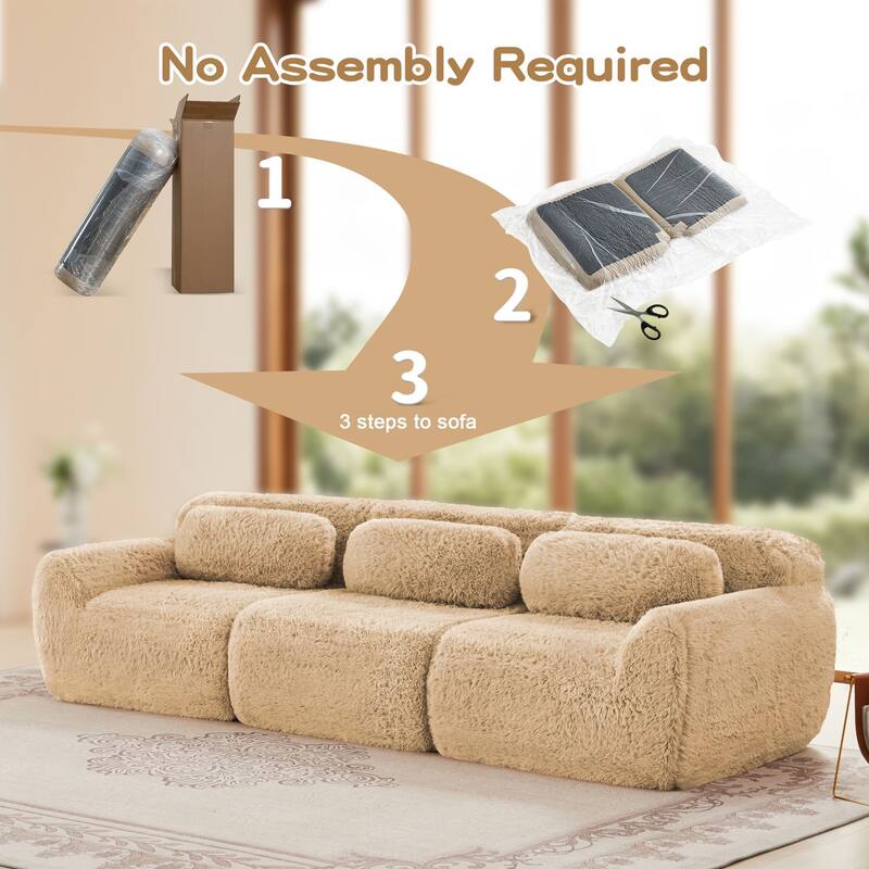 Rossetta 114'' 3-seater Soft Fluffy Plush Fabric Modular Sectional Deep Sofa Couches with Throw Pillows, Buckle Connection