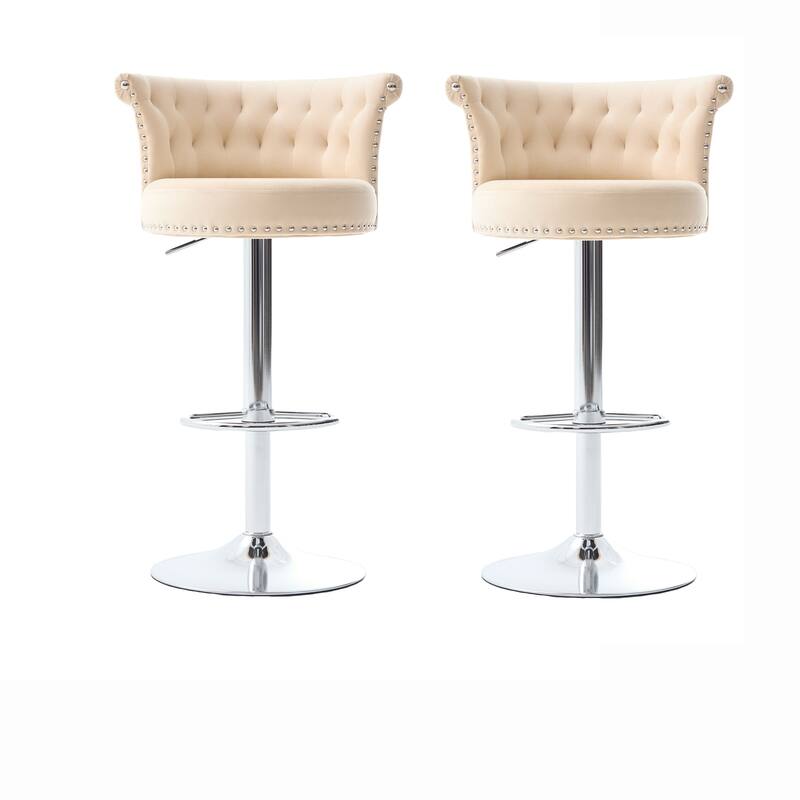 Adjustable Velvet Swivel Bar Stools with Metal Leg (Set of 2) - Beige