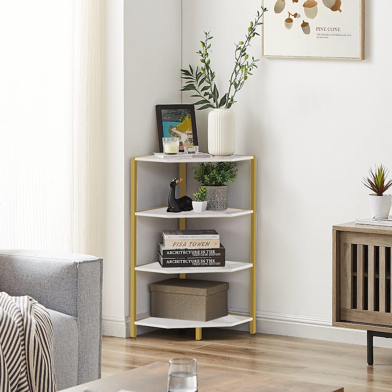 VECELO 4-Tier Triangle Corner Bookshelf & End Table 31" Multi-Functional Living Room Storage shelf - White/Gold Side