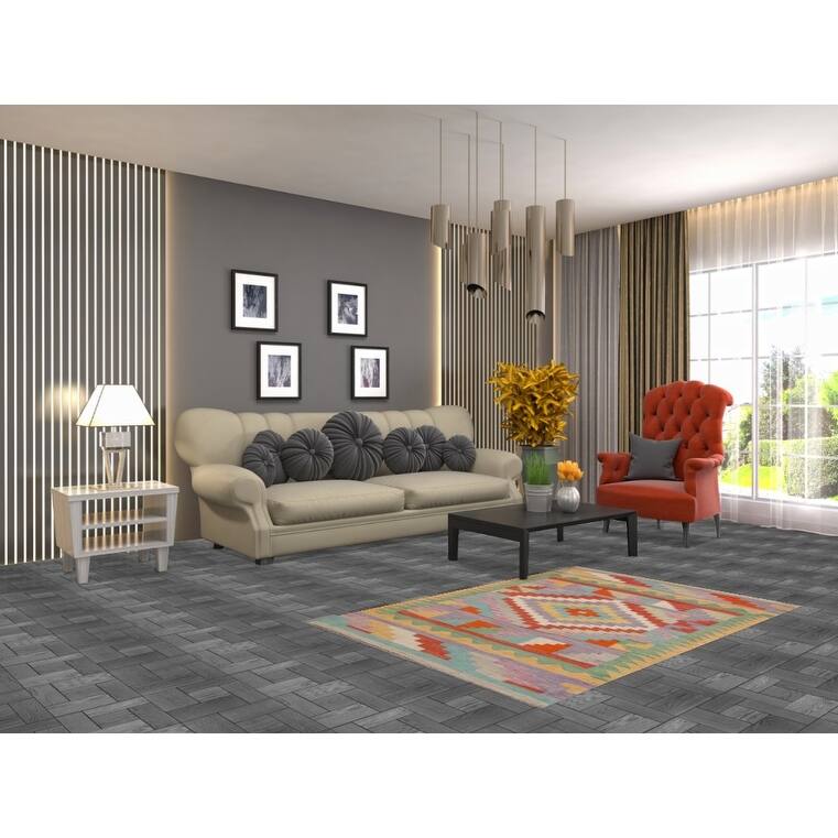 Southwestern Kilim Accent Rug Reversible Flatweave Wool Carpet - 3'4"x 4'11"