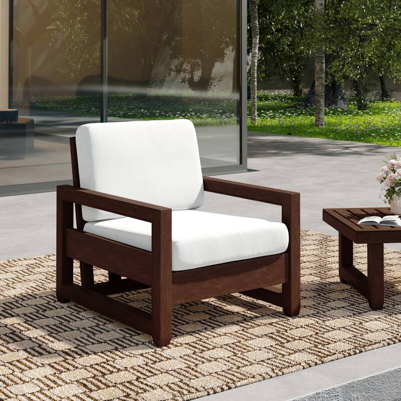 Patio Teak Wood Outdoor Arm Chair with Cushion - Dark Wood - Beige-Single Armchair