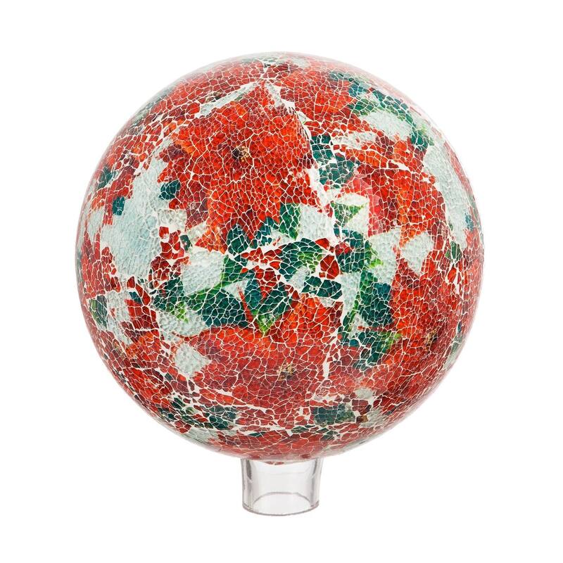 10" Printed Poinsettia Crackle Glass Mosaic Gazing Ball