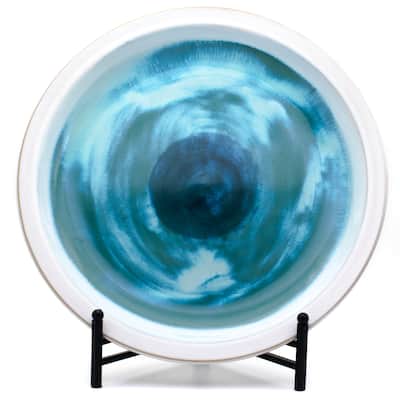 Euro Ceramica Grotto Blue 18" Tropical Decorative Round Platter with Stand - 18 in. x 18 in. x 2.25 in.