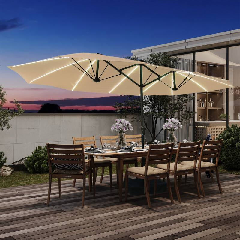15ft Double Sided Rectangular Lighted Market Umbrella - Beige
