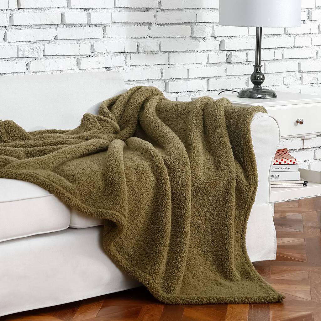Olive Oversided Sherpa Throw Blanket, 60 in. x 72 in. (2 Pack Set of 2)