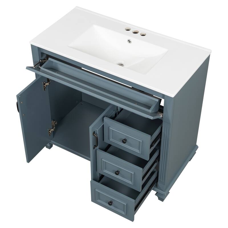 36" Bath Vanity,Flip-Out Drawer 3 Drawers 2 Doors,Engineered Wood Gold