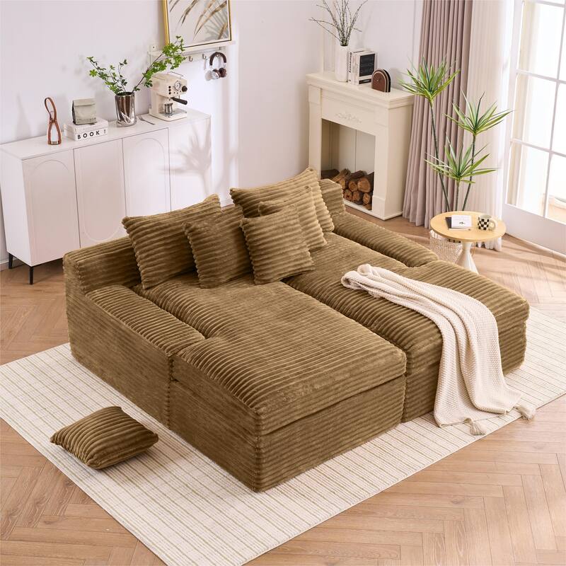Oversized Corduroy Upholstered Chaise Lounge Sofa / Double Single Side Arm Sleeper Sofa Couch / Modular Recliner Sofa