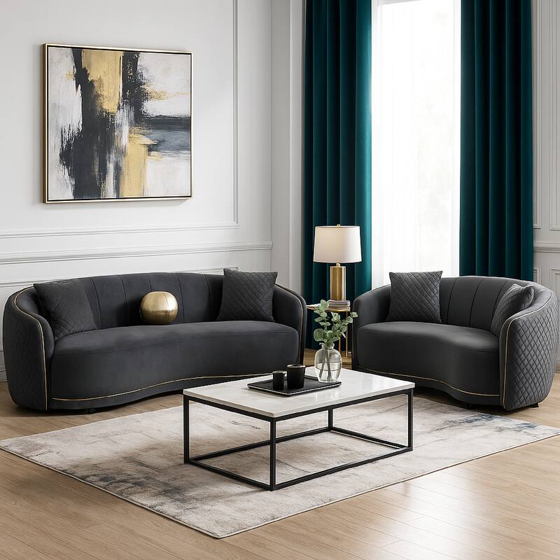 Buo 2pc Living Room Set, Sofa and Loveseat, Gold Trim, Dark Gray Velvet