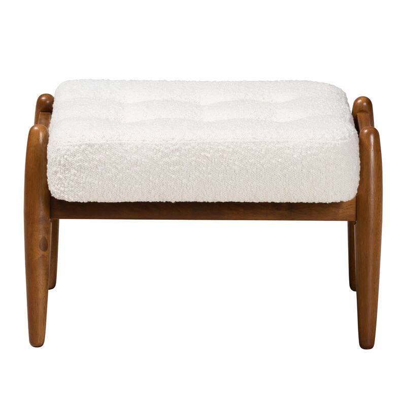 Jeanine Japandi Cream Boucle Fabric and Walnut Brown Finished Rubberwood Ottoman Footstool