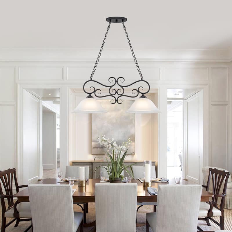 Matte Black 2-Light Linear Chandelier with Bell Glass Shades - Dia.32.28-in